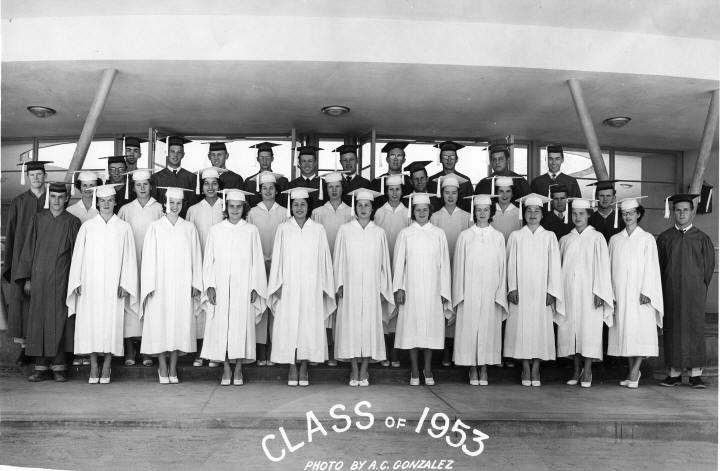 Class of 1953 Group Photo in front of school